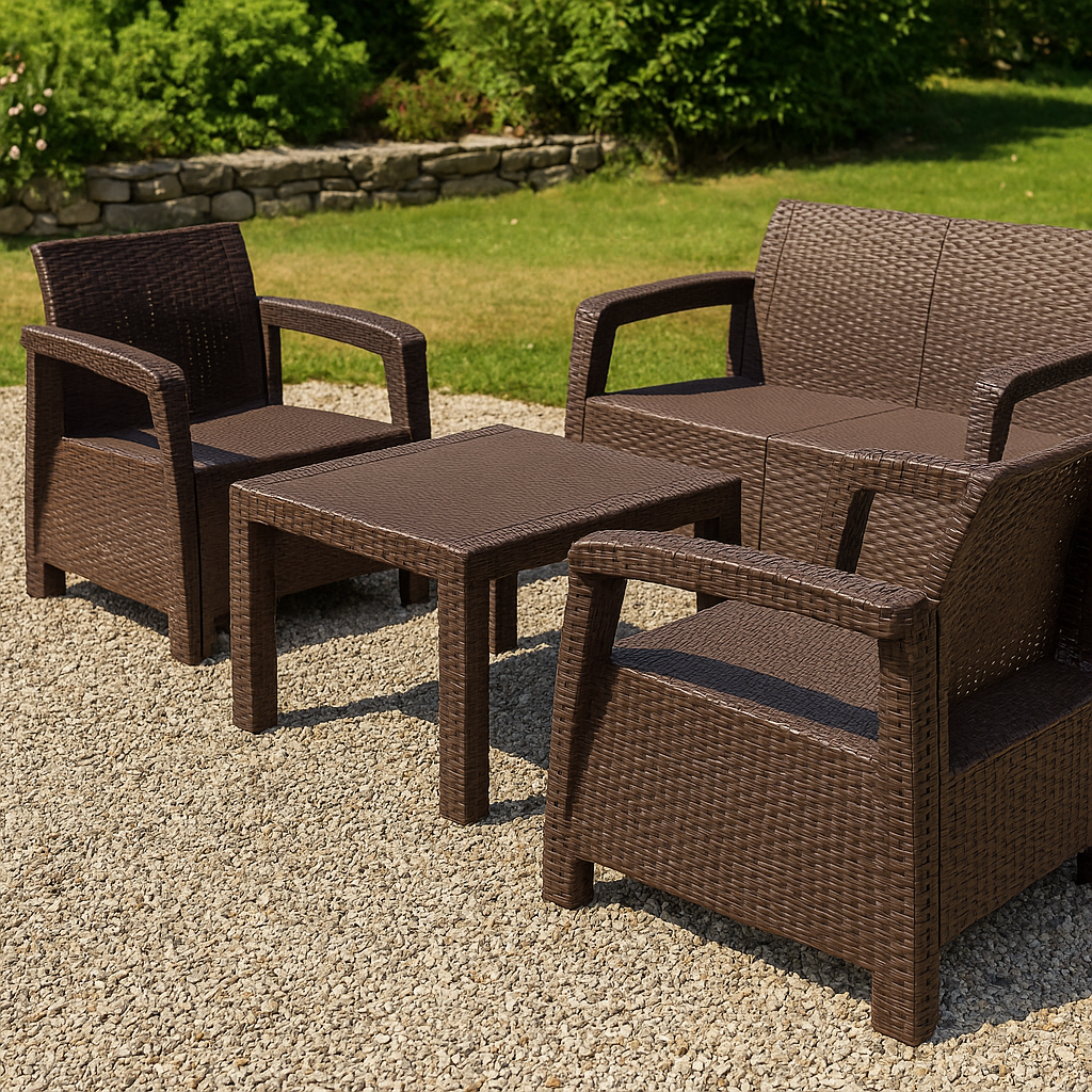Braune Kunststoff-Rattanmöbel auf Kiesterrasse im Garten – Farberneuerung mit Owatrol Polytrol